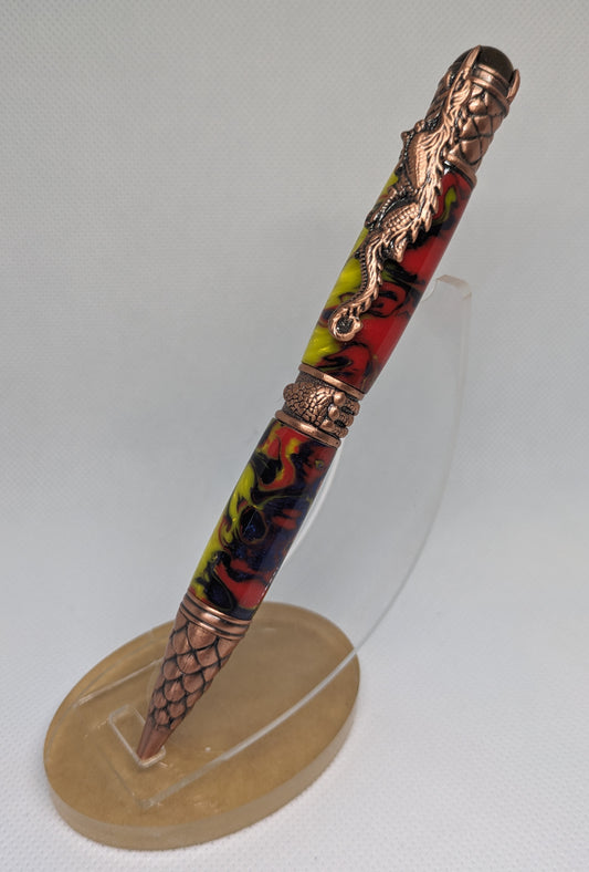 Antique Copper Dragon Pen in Red and Yellow with Black swirls