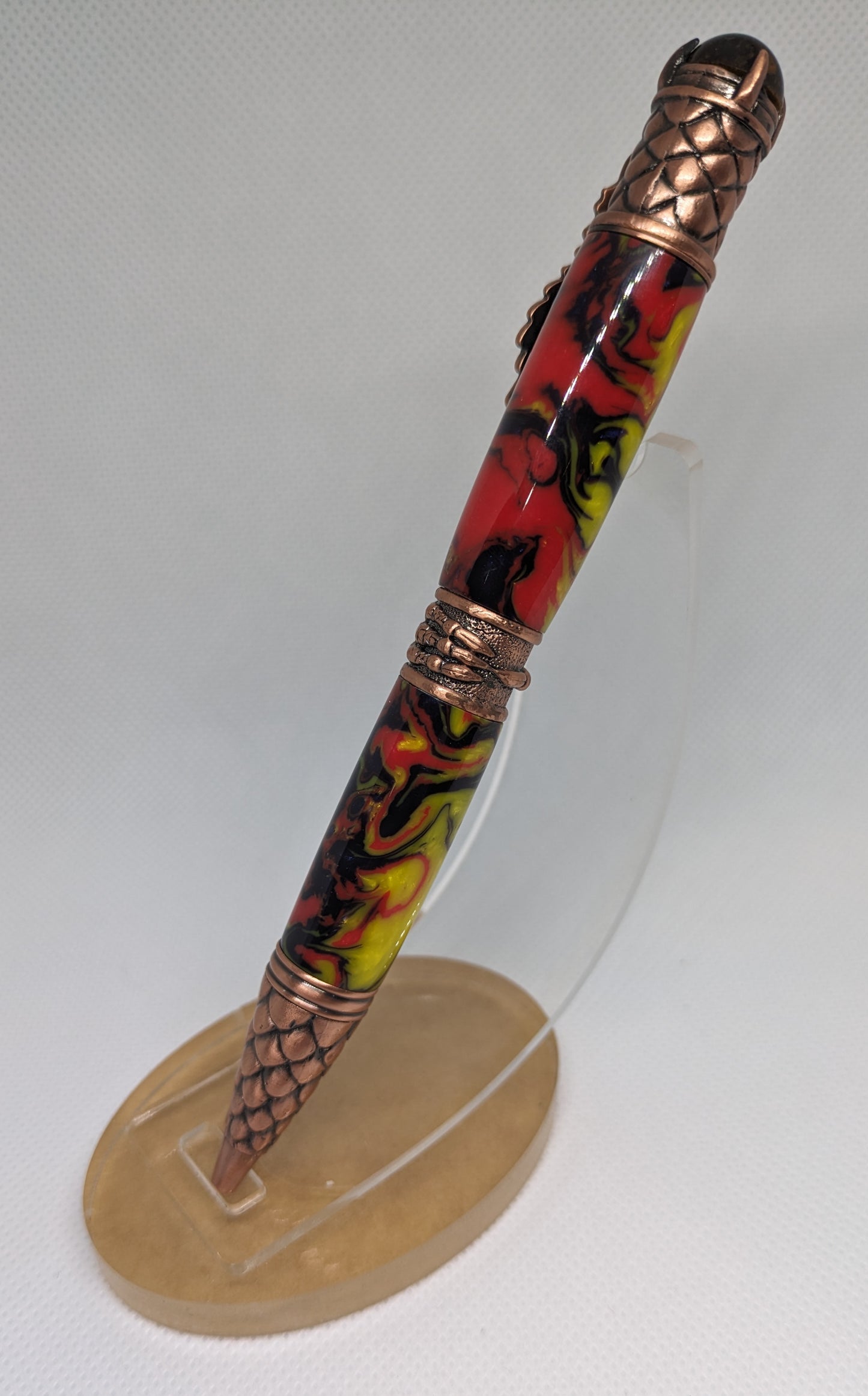 Antique Copper Dragon Pen in Red and Yellow with Black swirls