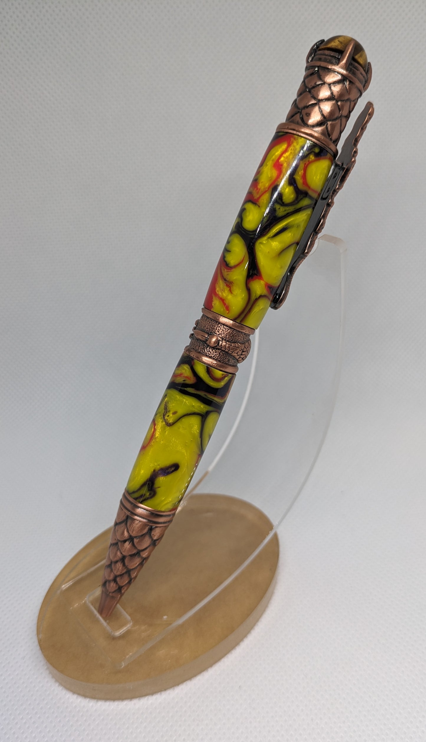 Antique Copper Dragon Pen in Red and Yellow with Black swirls