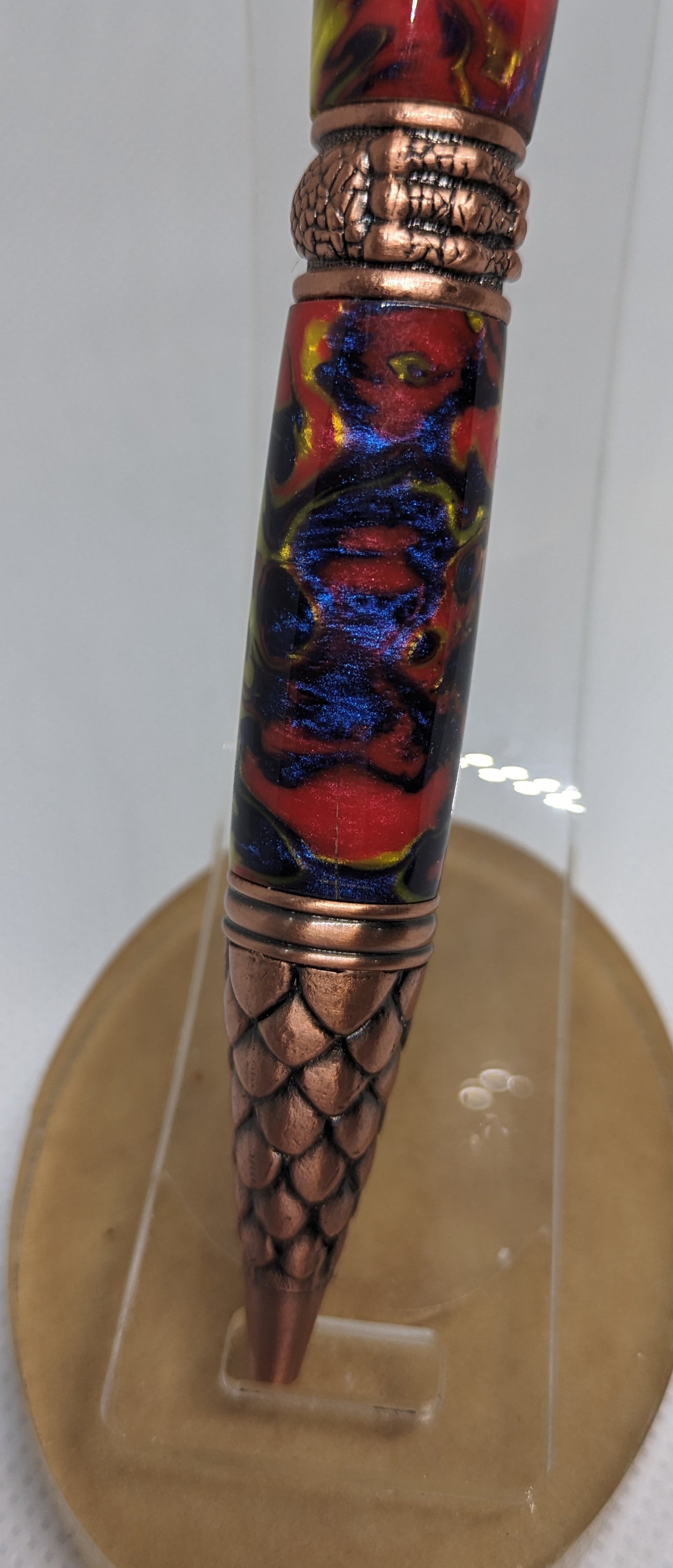 Antique Copper Dragon Pen in Red and Yellow with Black swirls