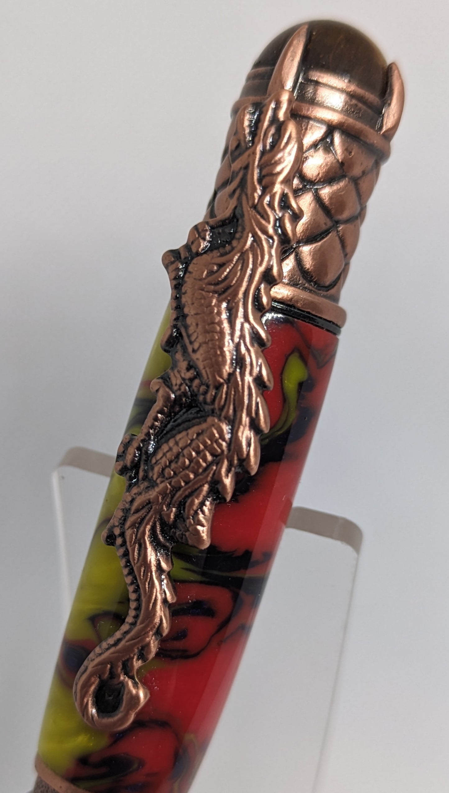 Antique Copper Dragon Pen in Red and Yellow with Black swirls