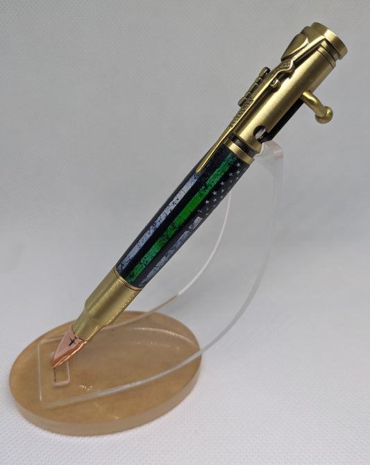 Thin Green Line Flag Antique Brass 30 Cal Bolt Action Pen